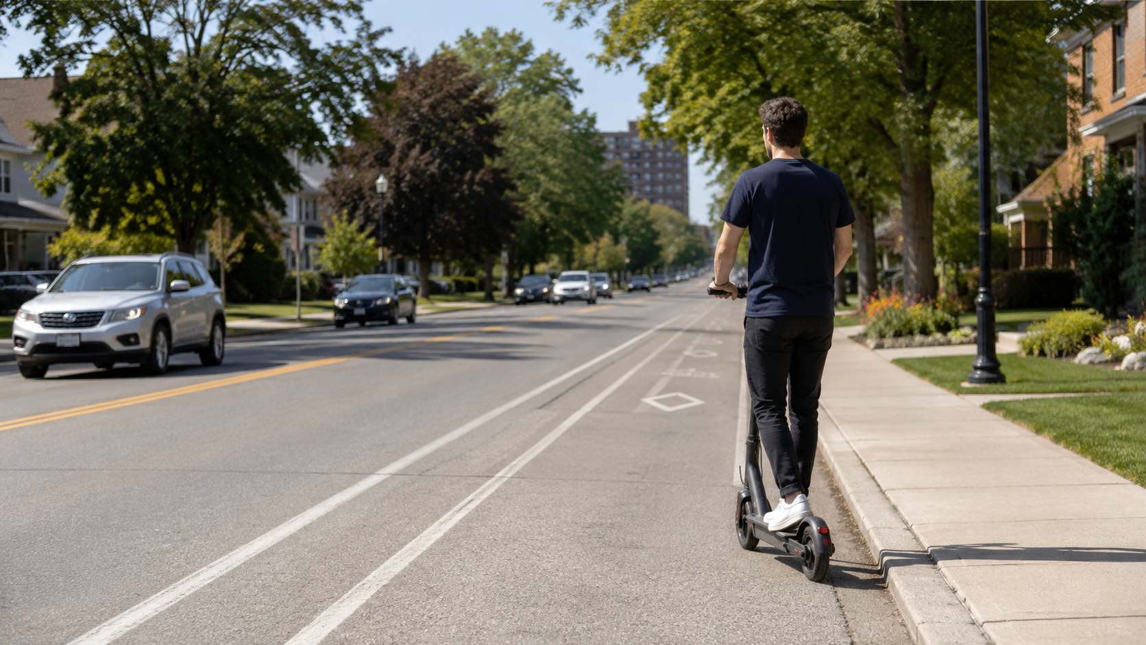 A person riding an e-scooter along the right side of a suburban Burlington-area street.